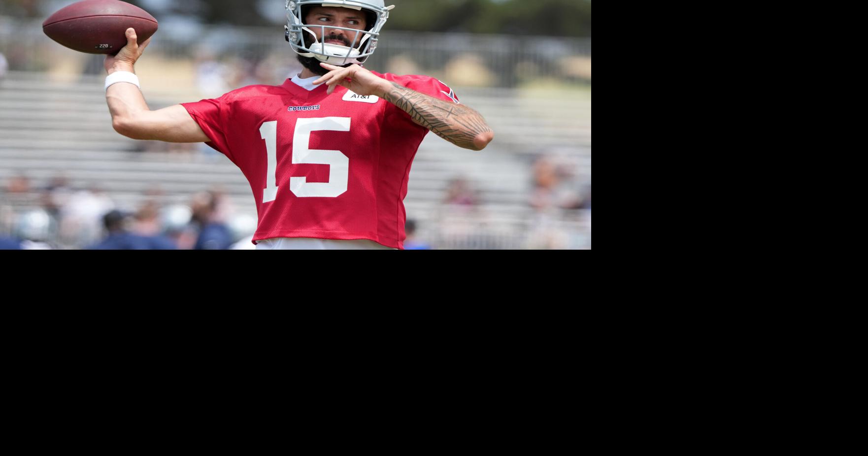 Jul 22, 2025; Oxnard, CA, USA; Dallas Cowboys quarterback Will Grier (15) during training camp at the River Ridge Fields. Mandatory Credit: Kirby Lee-Imagn Images