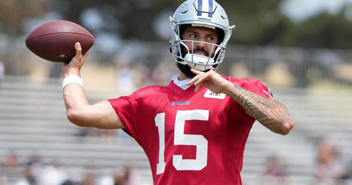 Jul 22, 2025; Oxnard, CA, USA; Dallas Cowboys quarterback Will Grier (15) during training camp at the River Ridge Fields. Mandatory Credit: Kirby Lee-Imagn Images