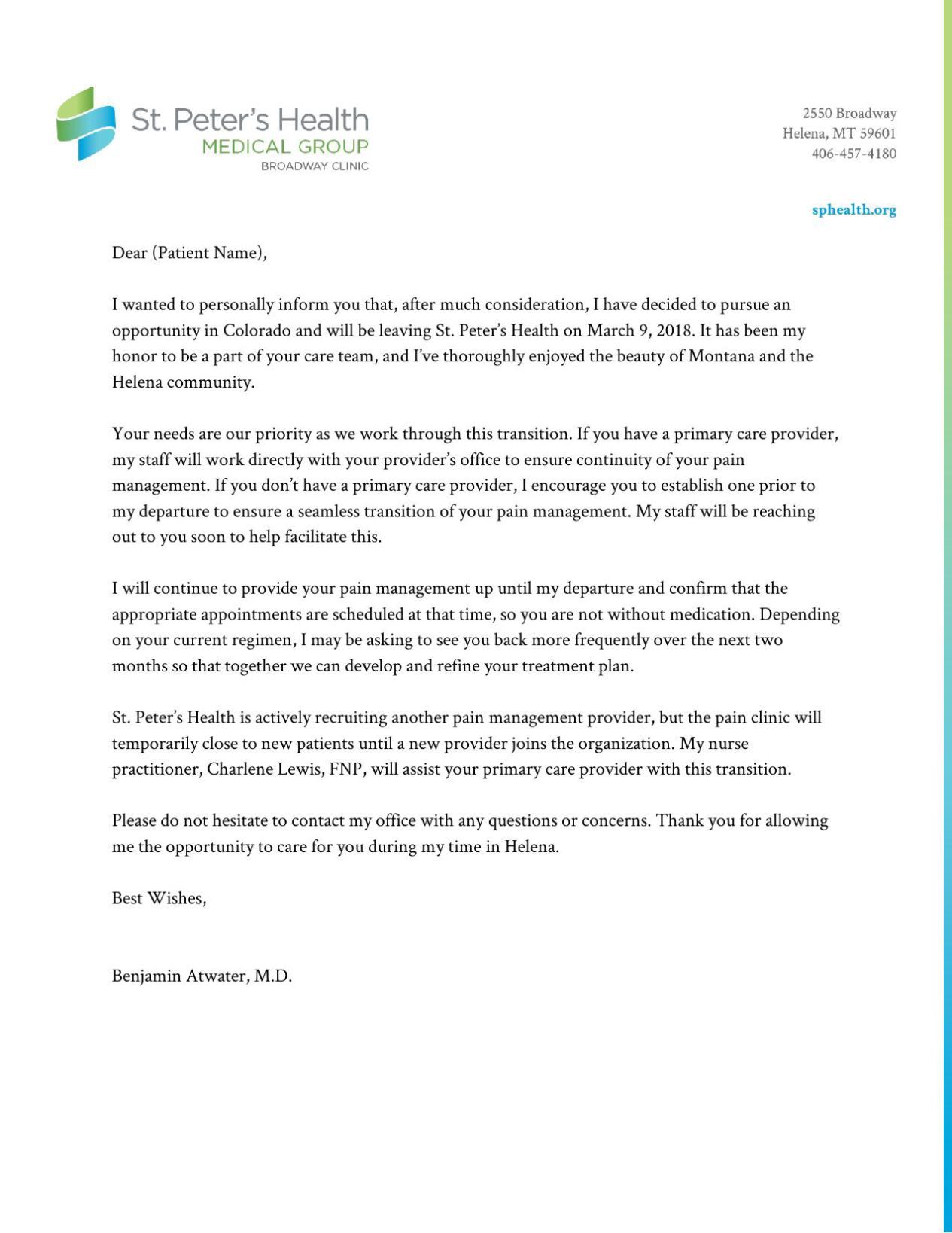 st peters will temporarily close chronic pain clinic in helena physician leaving practice letter to patients