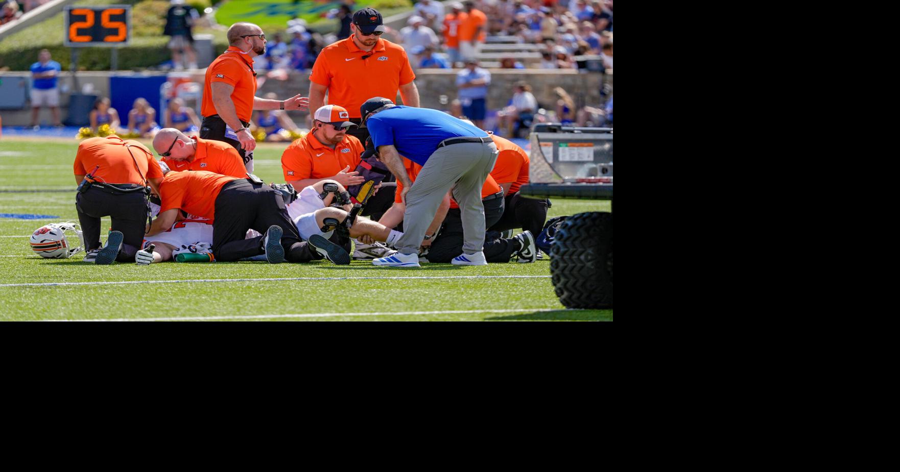 Oklahoma State offensive lineman Jacob Sexton (79) lays on the ground hurt during the first half of a college football game between Oklahoma State (OSU) and Tulsa at H. A. Chapman Stadium in Tulsa, Okla., on Saturday, Sept. 5, 2026.
