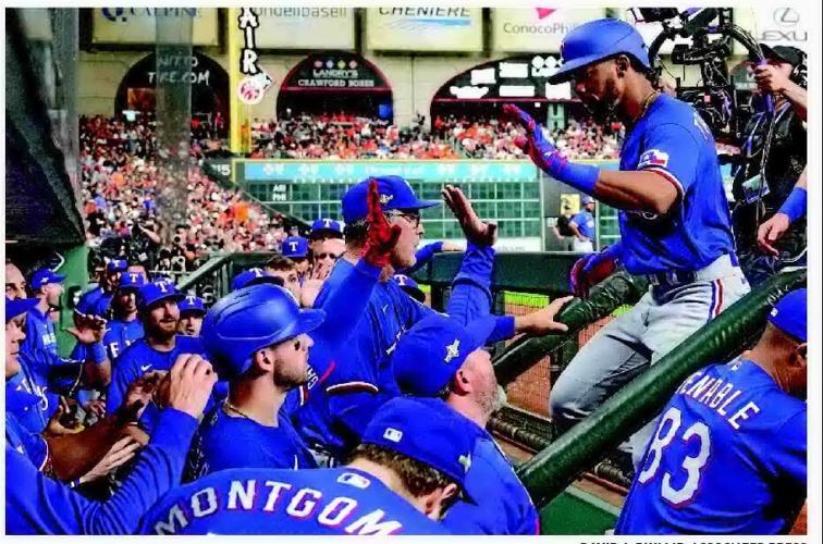 Texas Rangers' Leody Taveras runs up the first base line against the  Houston Astros during the fifth inning of a baseball game Sunday, April 16,  2023, in Houston. (AP Photo/David J. Phillip