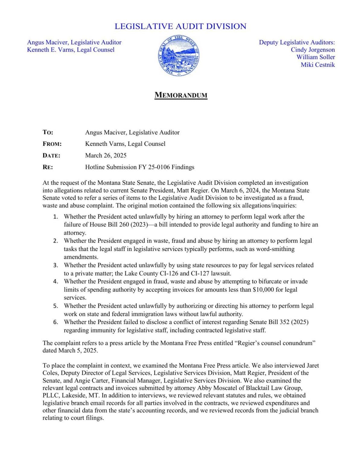 Regier Audit report clears Regier of abuse in work with attorney