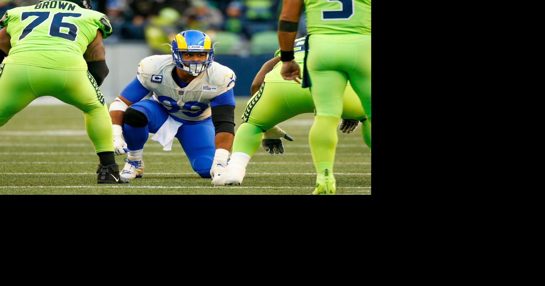 Oct 7, 2021; Seattle, Washington, USA; Los Angeles Rams defensive end Aaron Donald (99) waits for a snap against the Seattle Seahawks during the second quarter at Lumen Field. Mandatory Credit: Joe Nicholson-USA TODAY Sports