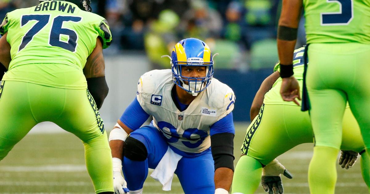 Oct 7, 2021; Seattle, Washington, USA; Los Angeles Rams defensive end Aaron Donald (99) waits for a snap against the Seattle Seahawks during the second quarter at Lumen Field. Mandatory Credit: Joe Nicholson-USA TODAY Sports