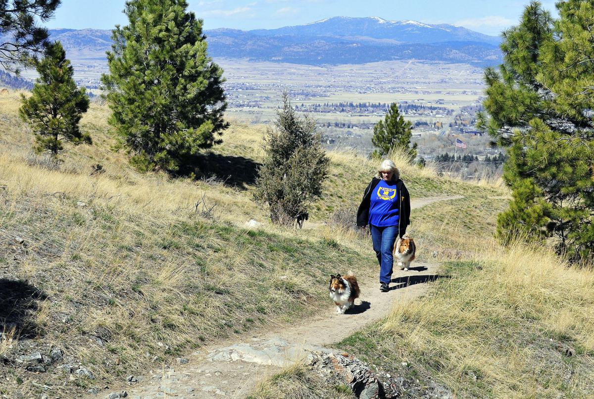 Lesley Dunkle walks her miniature Collie's Lindy and Kenji near the Beattie Street trailhead