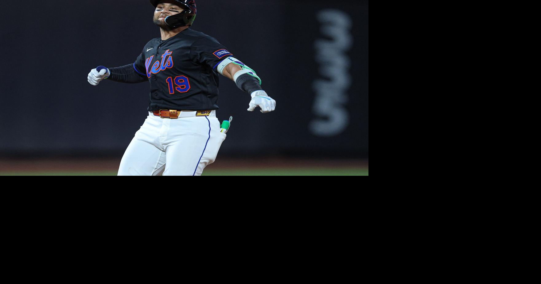 New York Mets shortstop Bo Bichette (19) celebrates after hitting a three-run double during the eighth inning against the Minnesota Twins on April 23, 2026, at Citi Field.