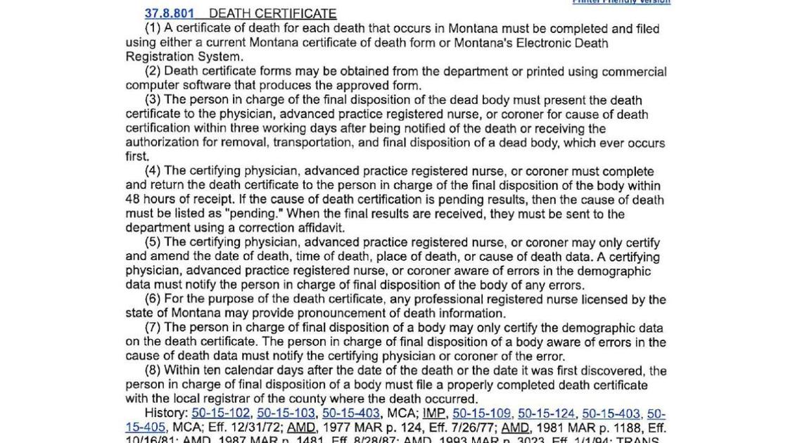Montana law on death certificates