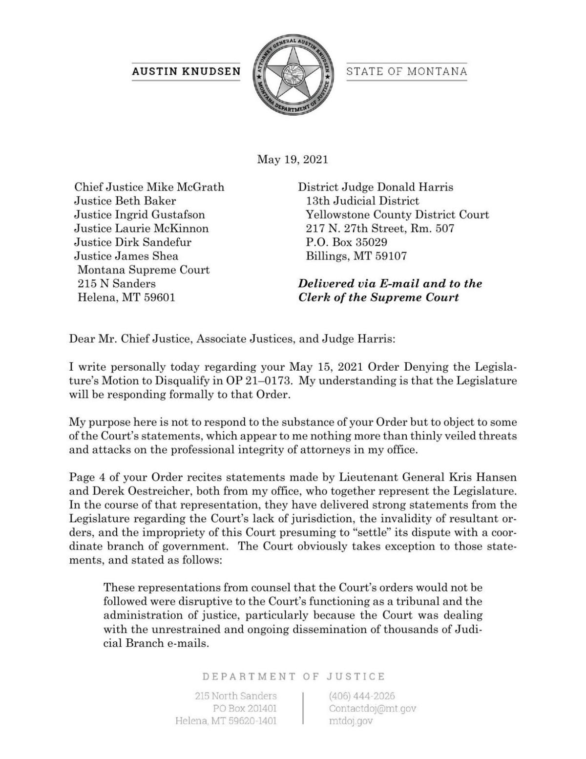 Montana AG defends attorneys #39 statements in letter to Supreme Court