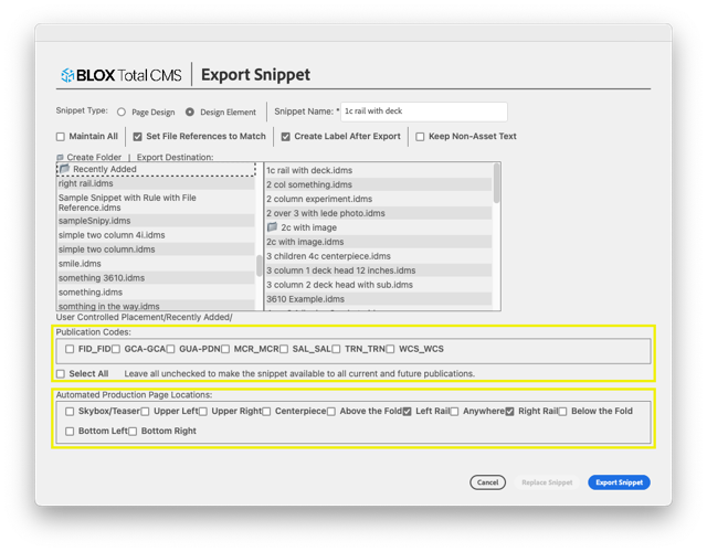The Export Snippet Dialog Publication Codes and Page Locations