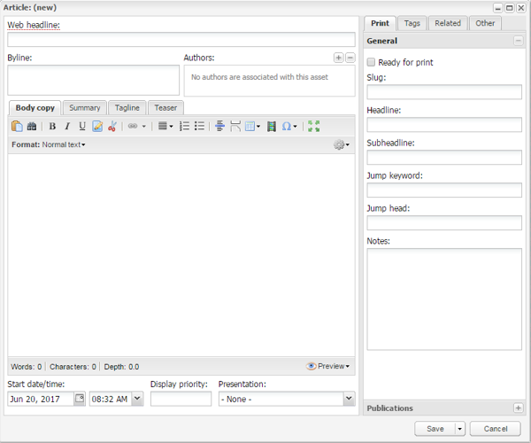 Print Tab of Asset Editor for an Article