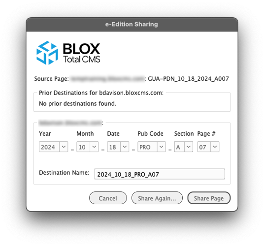 Select Destination Page Name for e-Edition Sharing