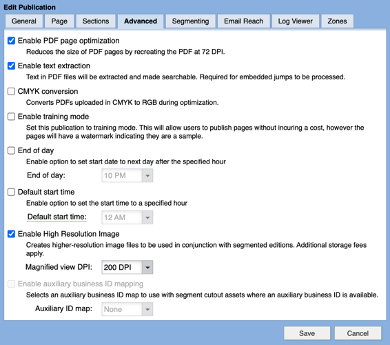 Edit Publication Advanced tab