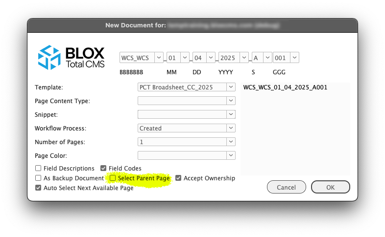 New Document Dialog with Select Parent Page Option
