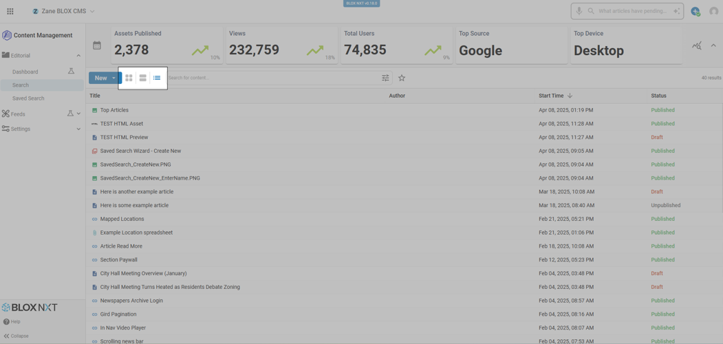 Editorial Search highlighting Search Results View Options