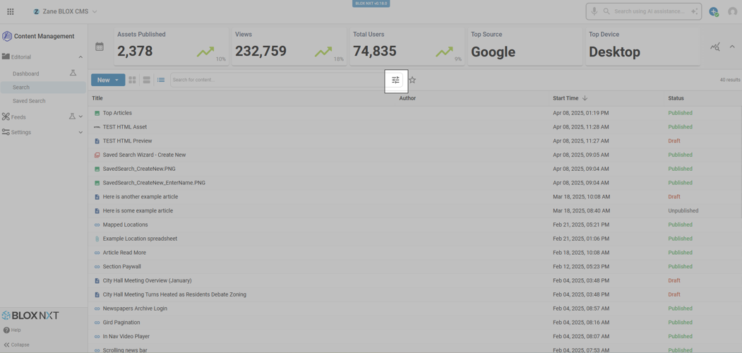 Editorial Search highlighting Advanced Filters