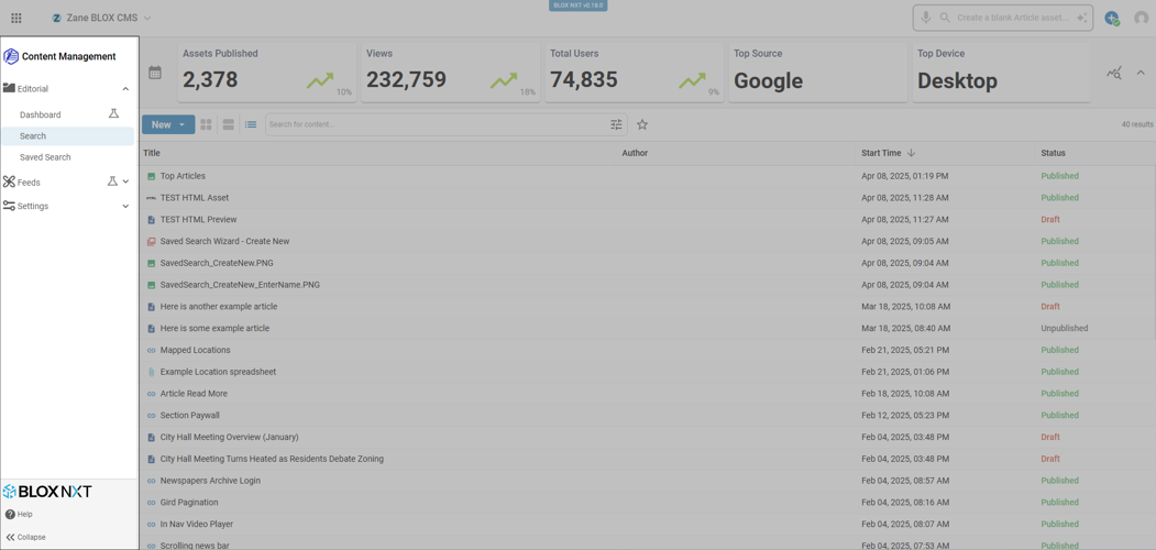 Editorial Search highlighting Application Navigation