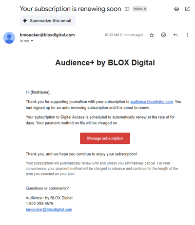 Upcoming renewal notice email example
