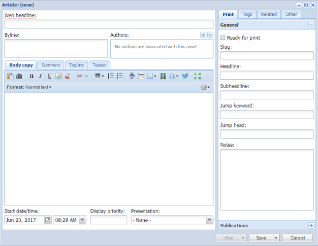 Print Tab of Asset Editor for an Article Hosted