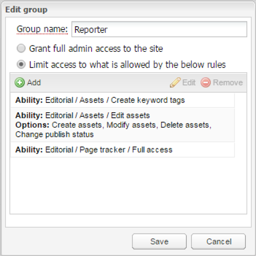 Sample Reporter group permissions