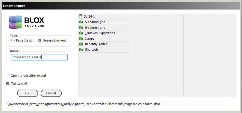 Exporting a snippet to a new folder