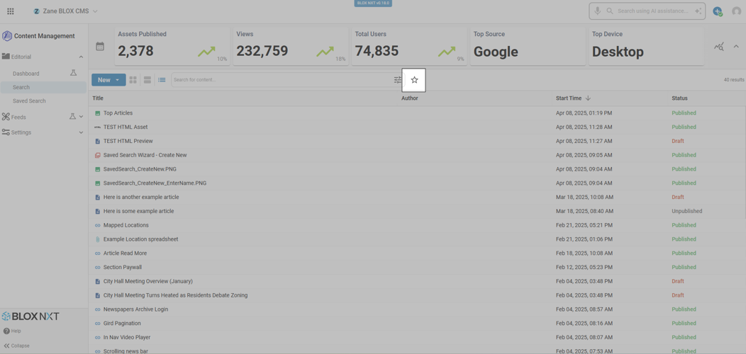 Editorial Search highlighting Save Search Option