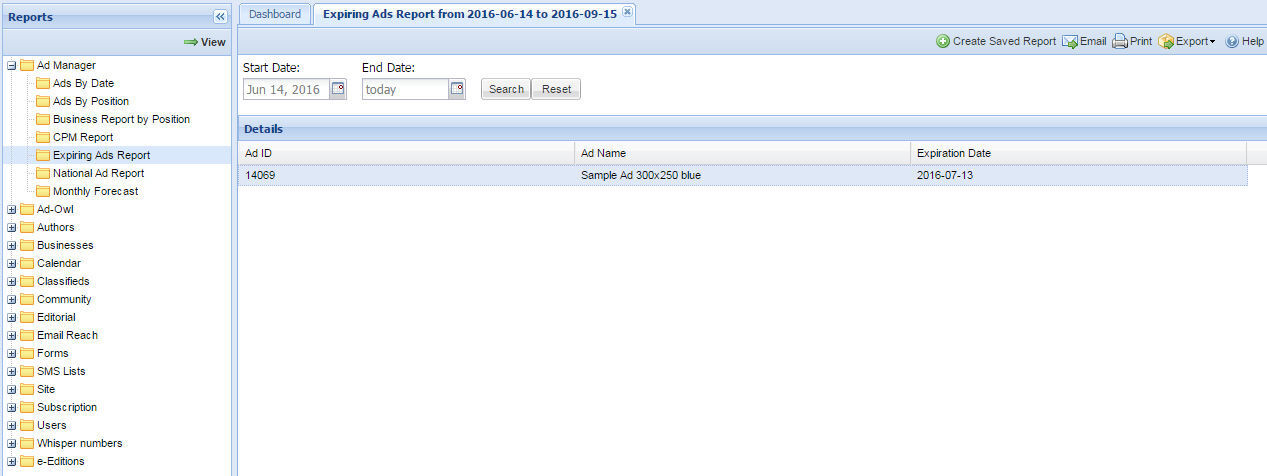 Expiring Ads report