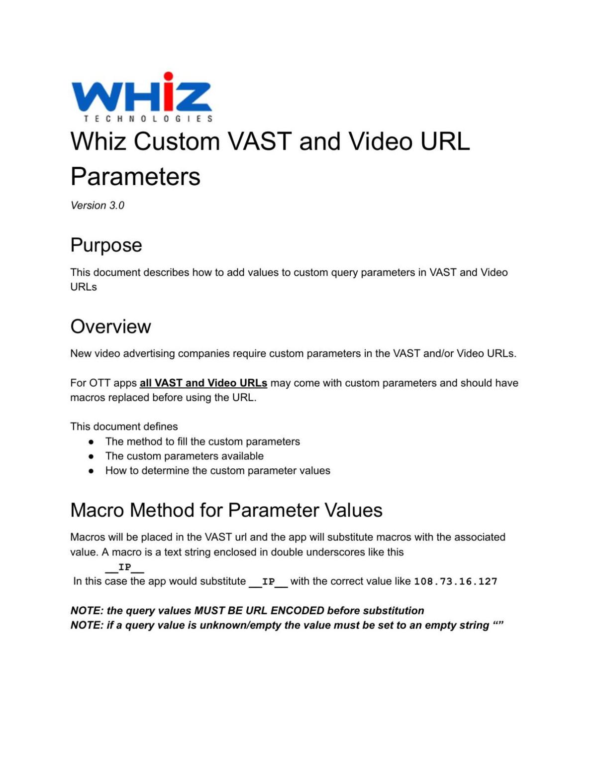 Whiz custom VAST and Video URL macros