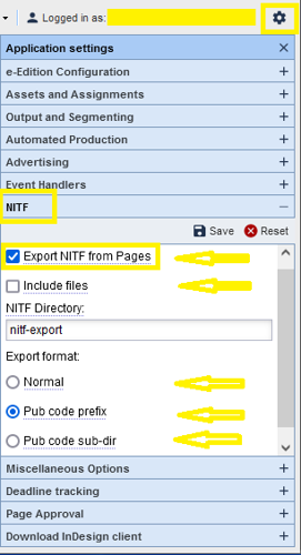 Page Tracker Application Settings for NITF Export