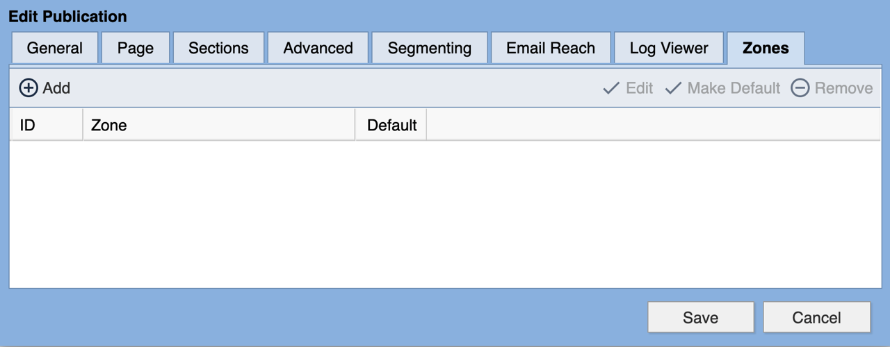 Edit Publication Zones tab