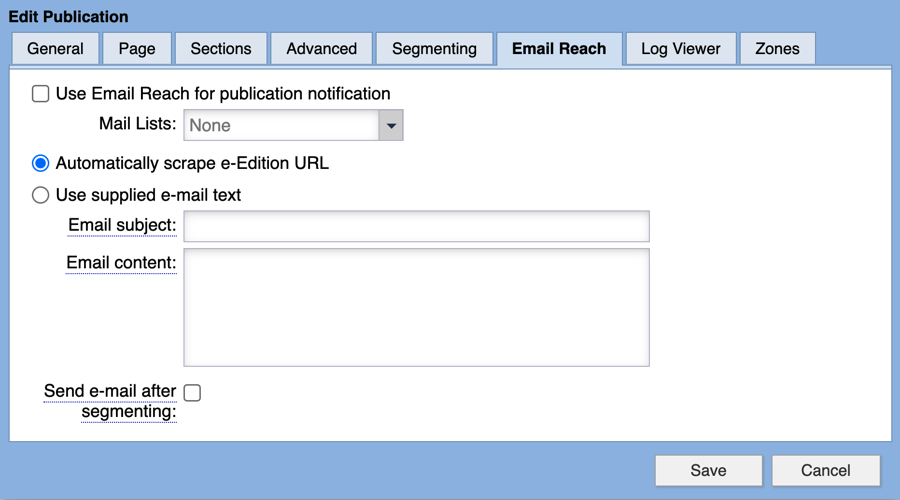 Edit Publication Email Reach tab