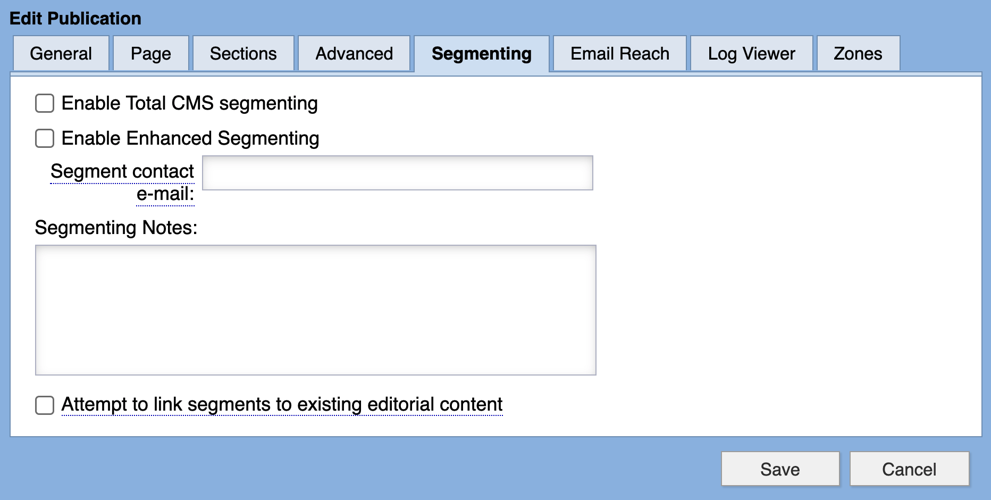 Edit Publication Segmenting tab