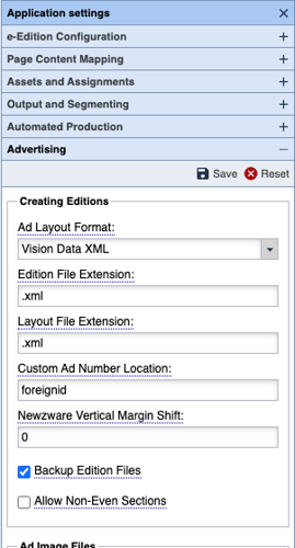 Page Tracker Application Settings for Vision Data Ad Layout File Format using