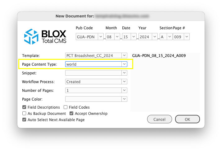 Selecting a Page Content Type when Creating New Documents