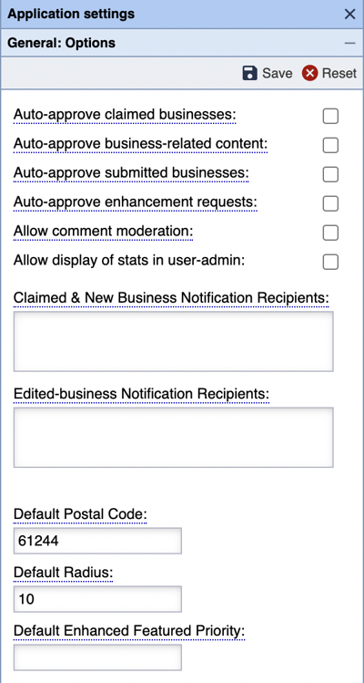 Business Directory Application Settings General