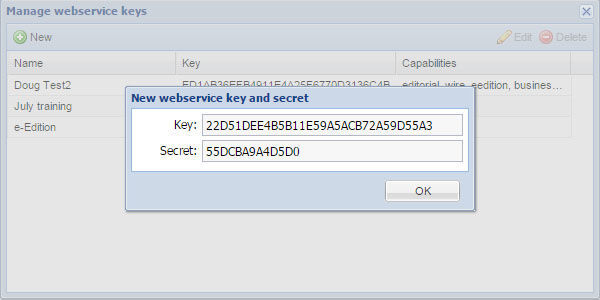 Webservice key and secret