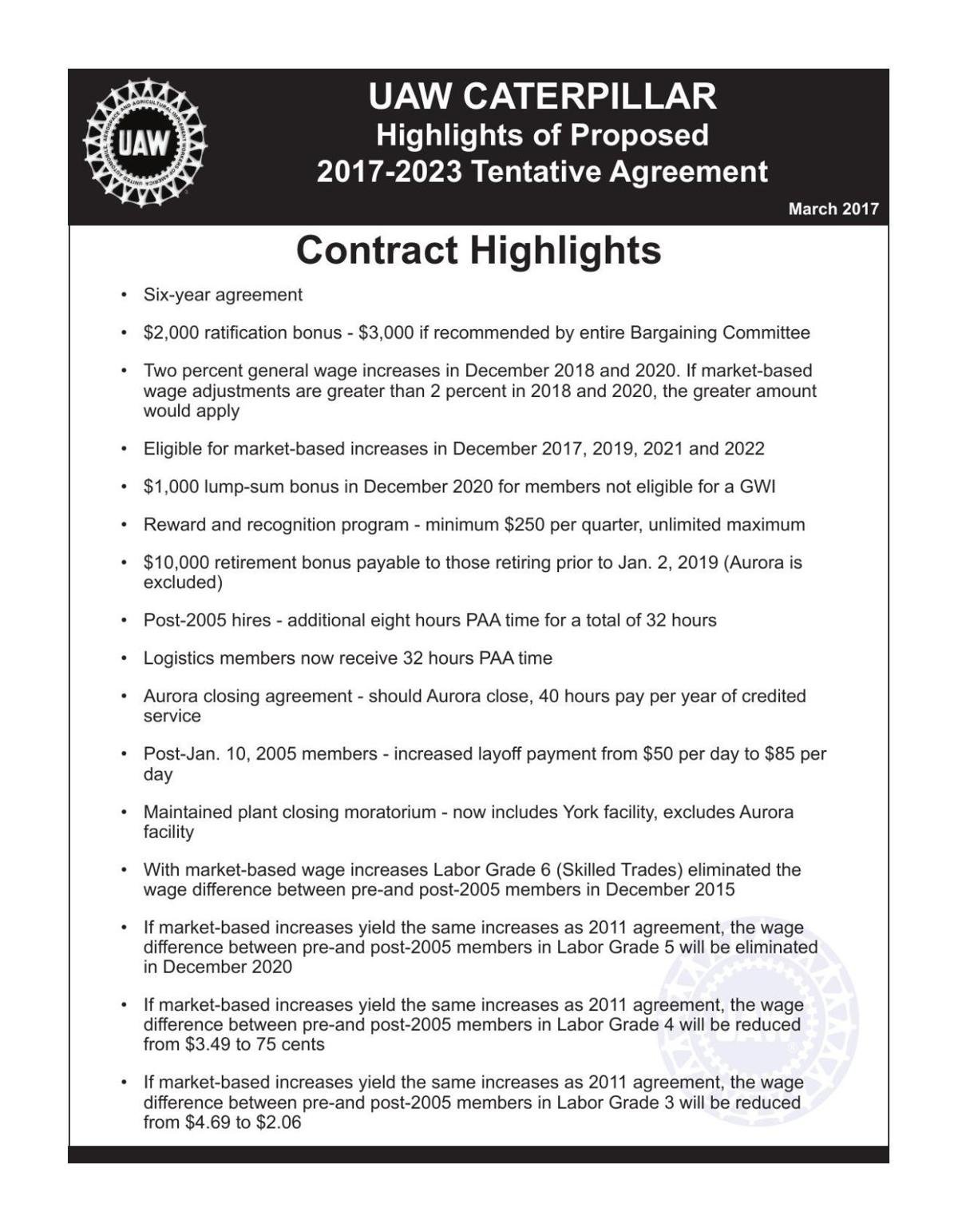UAW Caterpillar Tentative Agreement Highlights