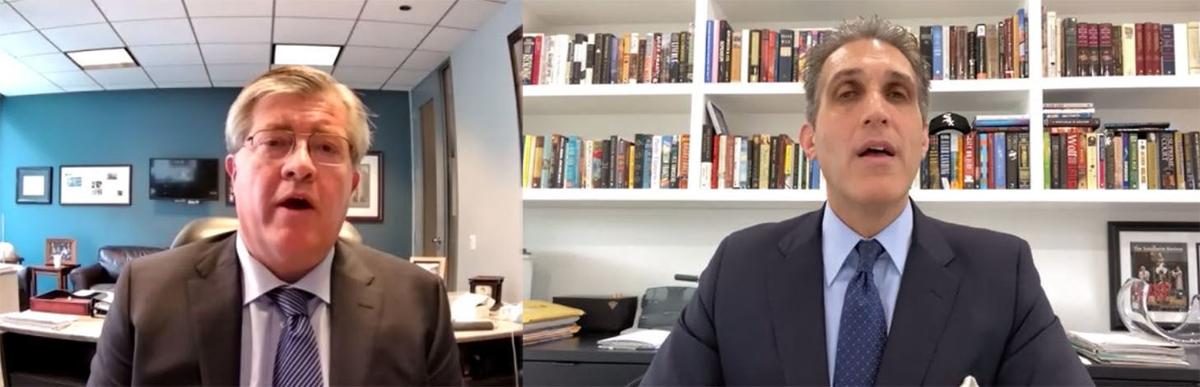 Attorneys Stephan Blandin (left) and Adam Levitt discuss a class action lawsuit against utility giant Commonwealth Edison for rates it charged customers through laws enacted as a result of the company's bribery scheme. They spoke during a virtual news conference Tuesday.