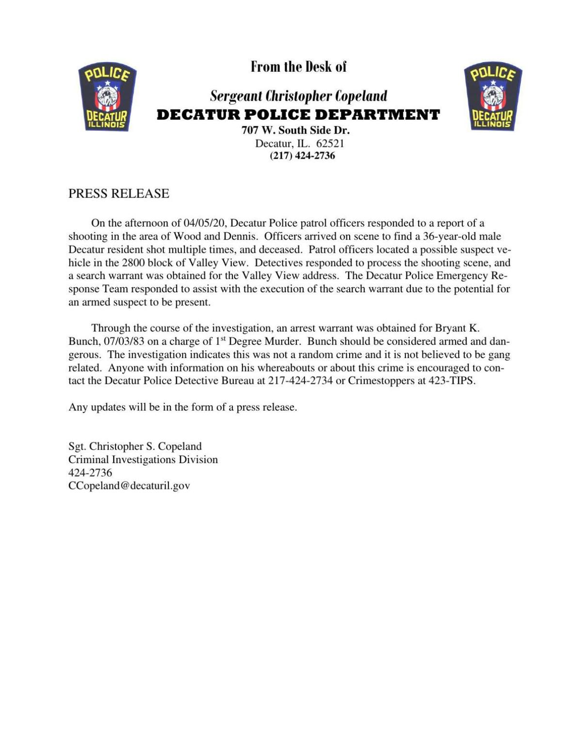 Police Warrant issued related to shooting at Dennis Avenue and Wood Street