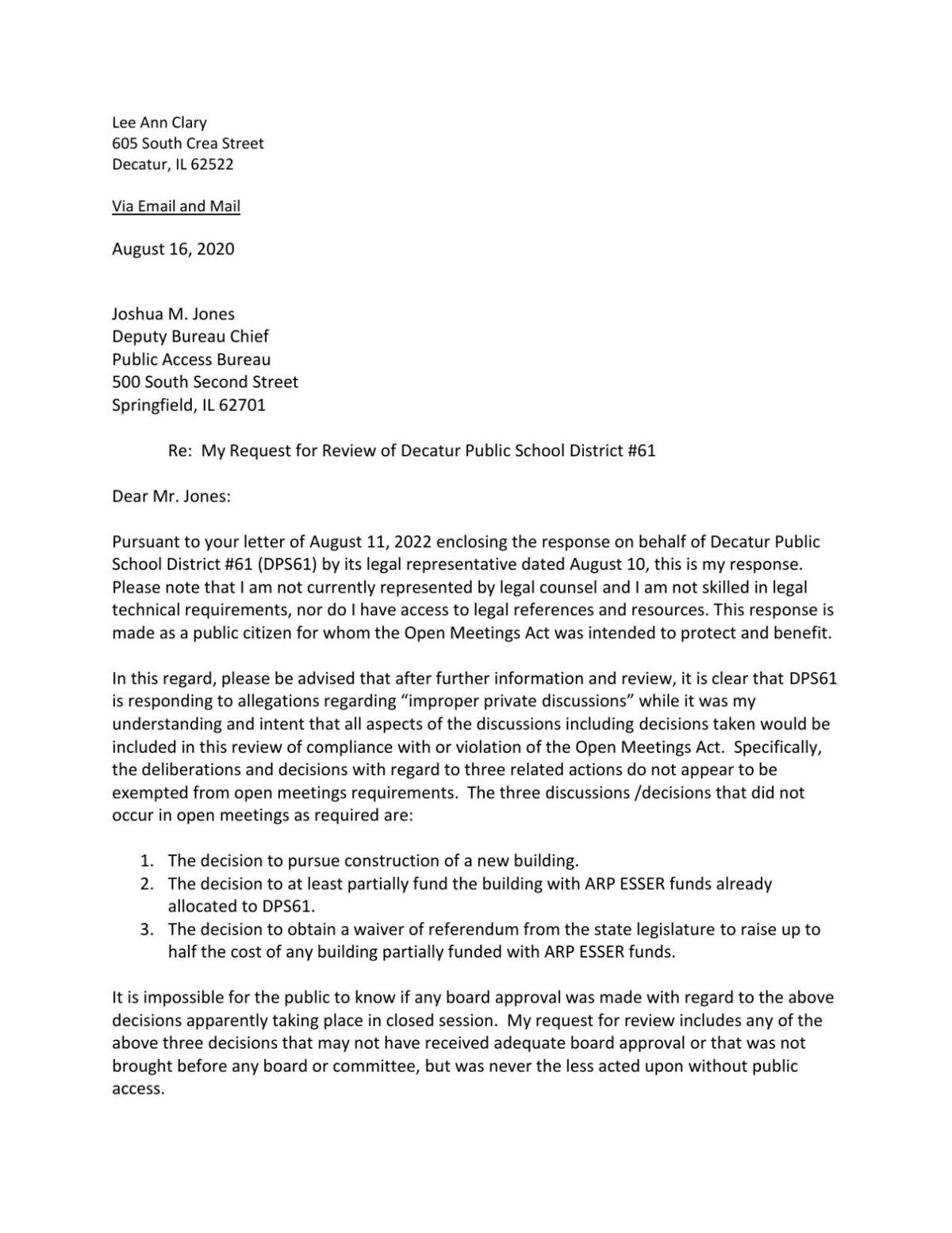 DOCUMENT: Read Lee Ann Clary's response DPS 61 reply to Public Access Bureau