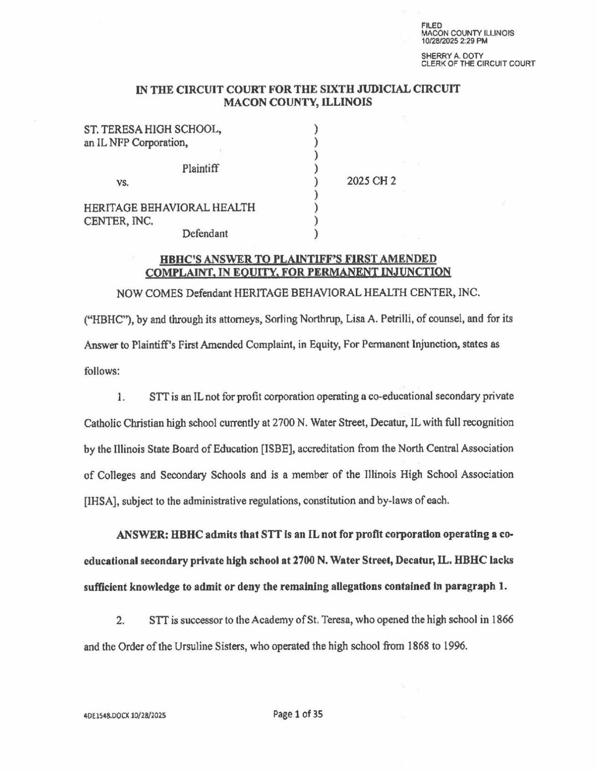 Read Heritage Behavioral Health Center's amended complain for permanent injunction