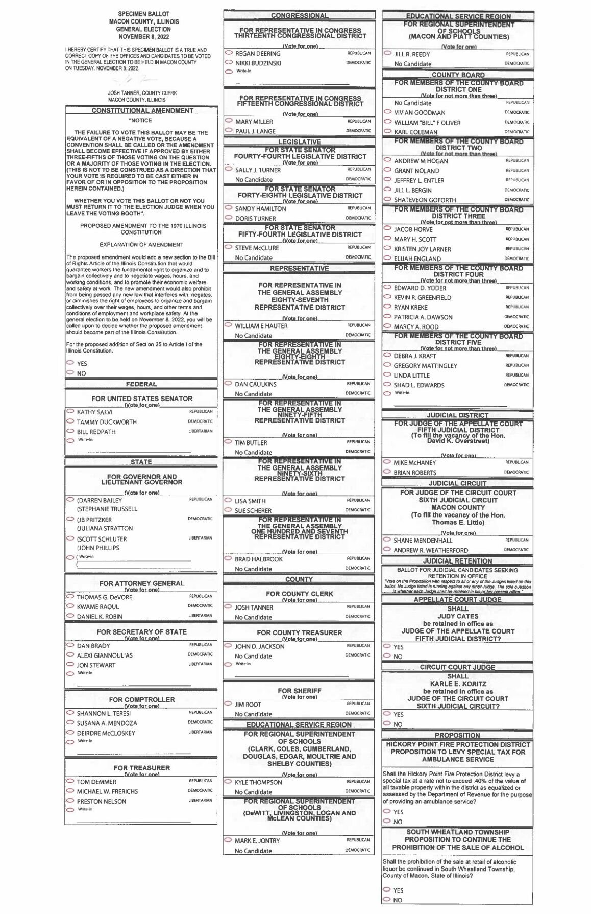 Macon County Nov. 2022 general election ballot