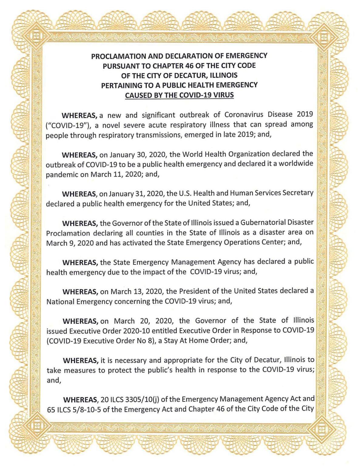 Read The Document City Of Decatur Declares Emergency Related To Covid 19 Government Politics Herald Review Com