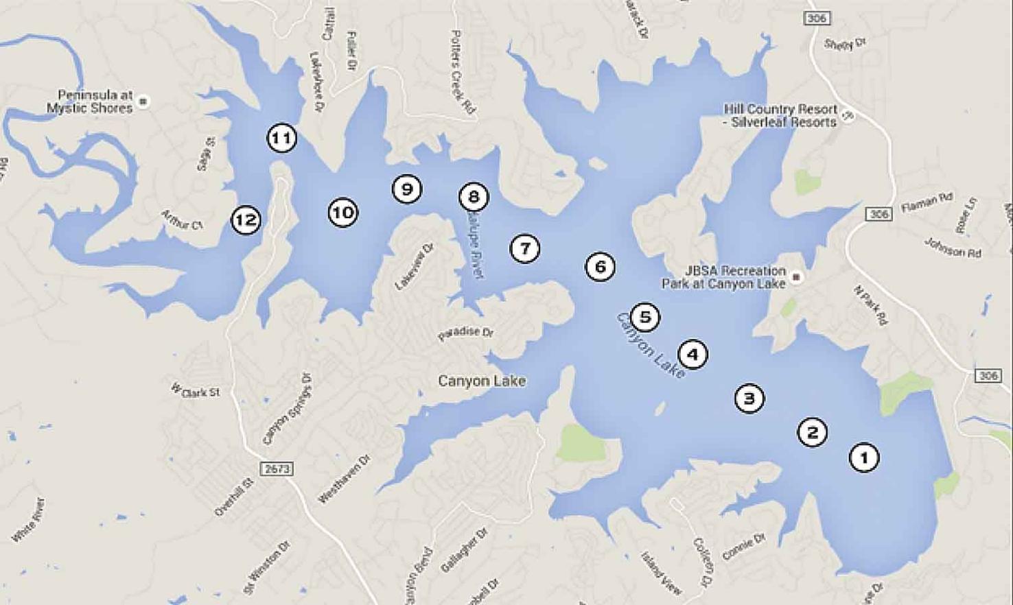 Canyon Lake buoy locations map