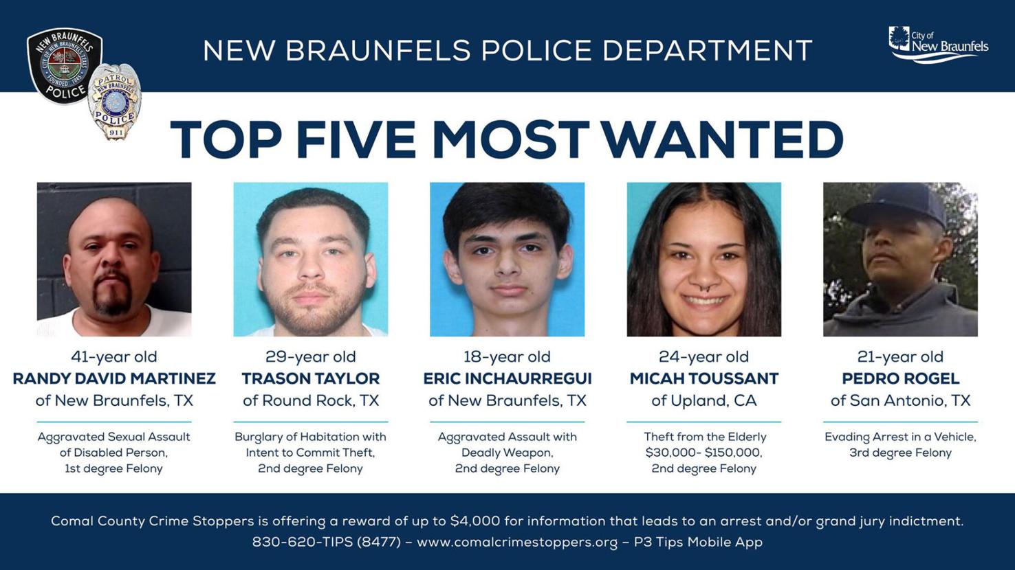 New Braunfels Police Department releases list of 5 ‘most wanted ...
