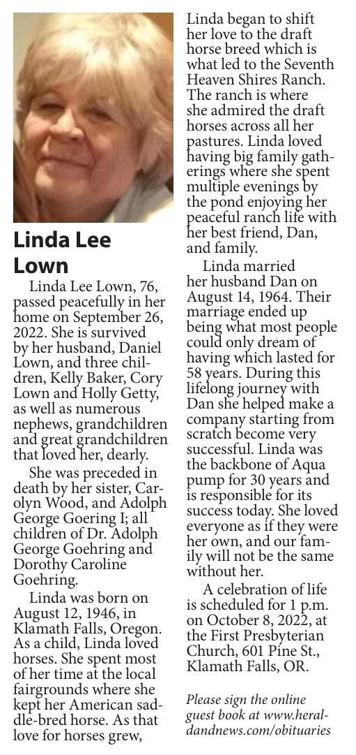 Linda Lee Lown | News Of Record | Heraldandnews.com