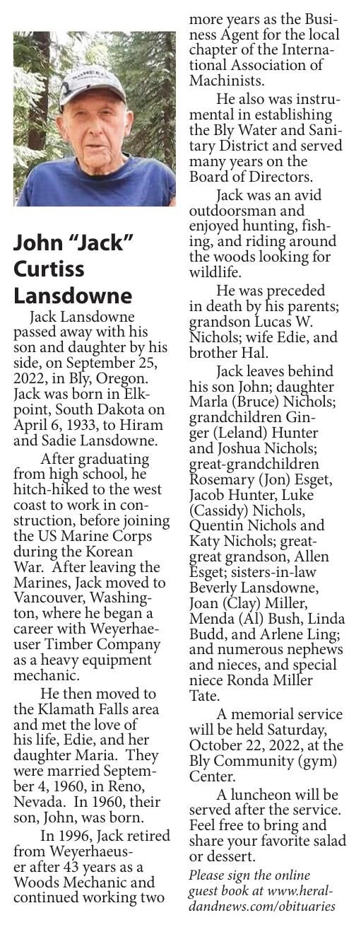 John "Jack" Curtiss Lansdowne Obituaries