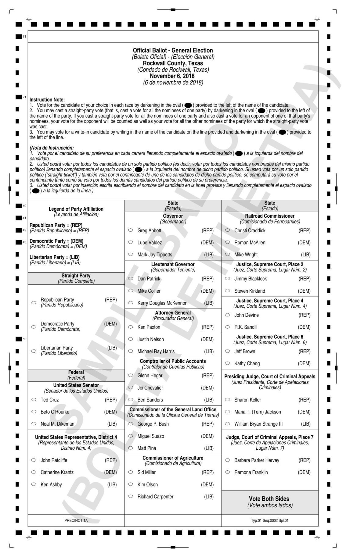 Rockwall County Pct 1A Sample Ballot Election 2018