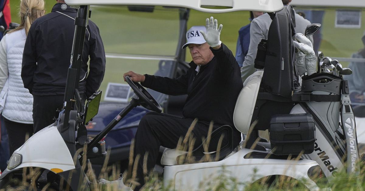 Trump plays golf in Scotland while protesters take to streets