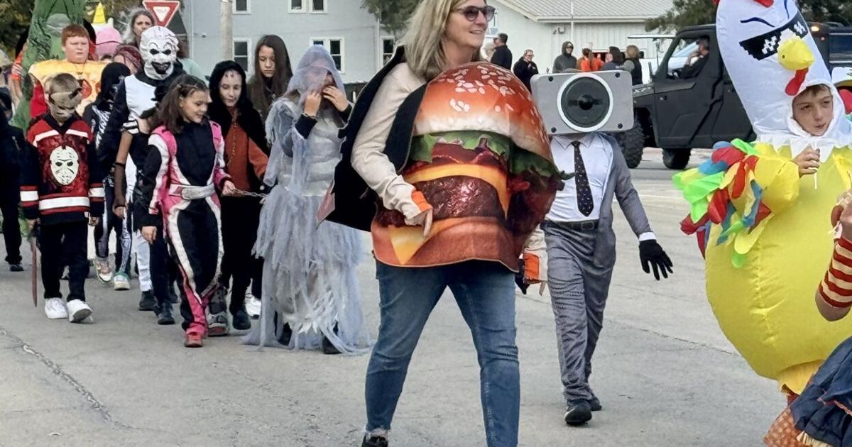Herscher Intermediate School Halloween Parade 2024 - students in costumes on Main Street