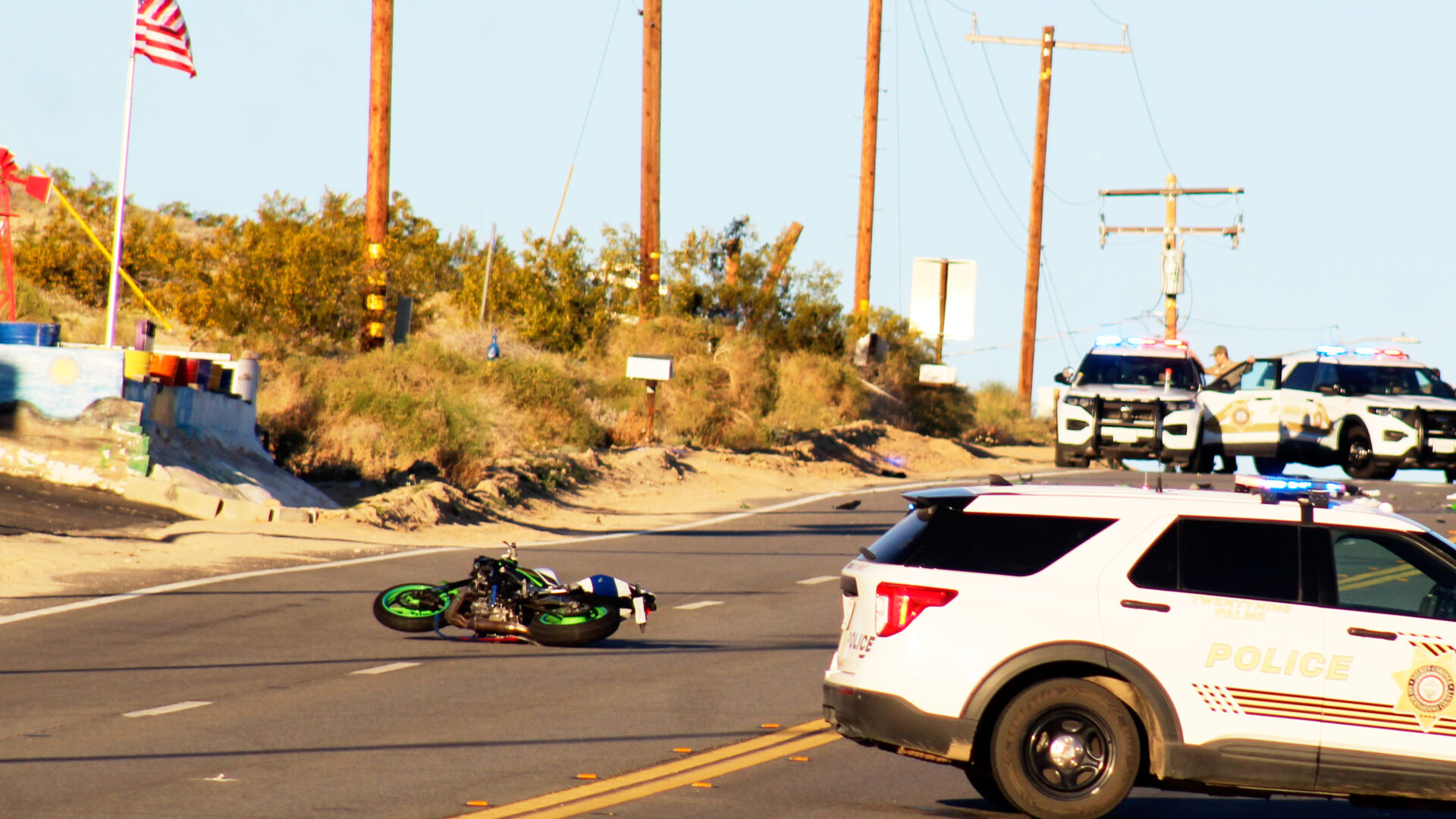 Pedestrian dies, motorcyclist badly hurt in 29 Palms crash